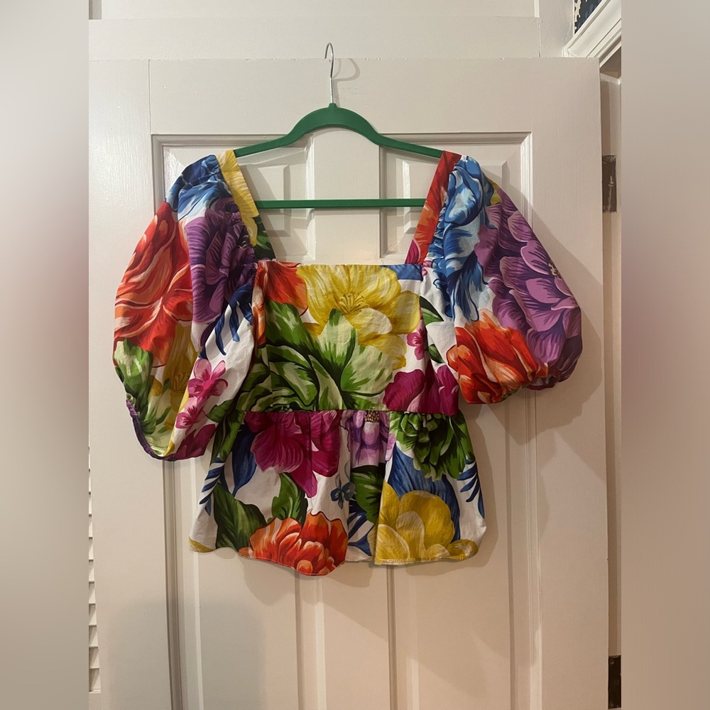 FARM Rio Red and Pink Ruffled Peplum Blouse